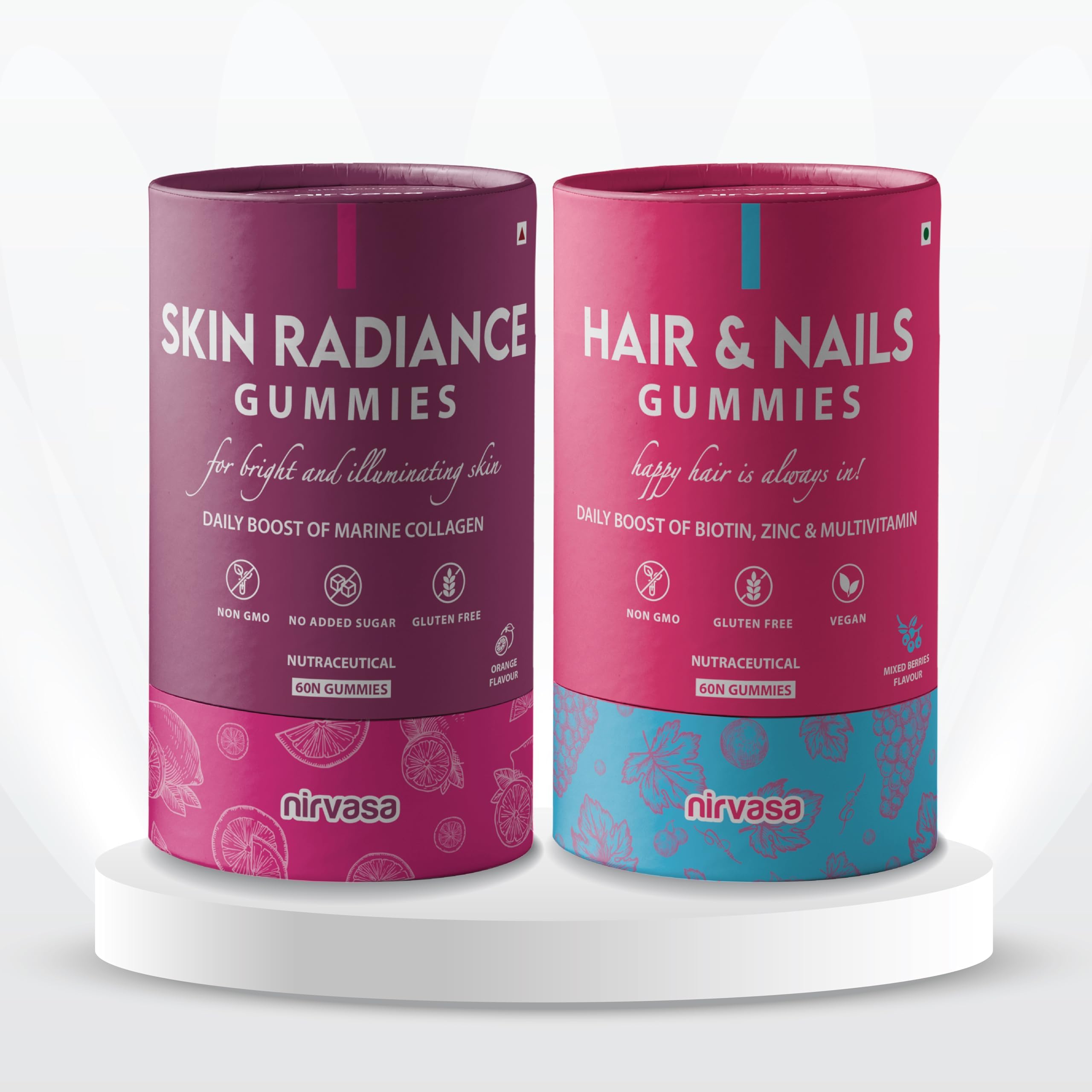 Nirvasa Skin Radiance Gummies and Hair & Nails Gummies Combo | Retains Skin Hydration, Fights Age Factors, Improves Hair Health, Reduces Hair Fall | Sugar & GMO-Free, FSSAI-Certified | 60 + 60 Gummies