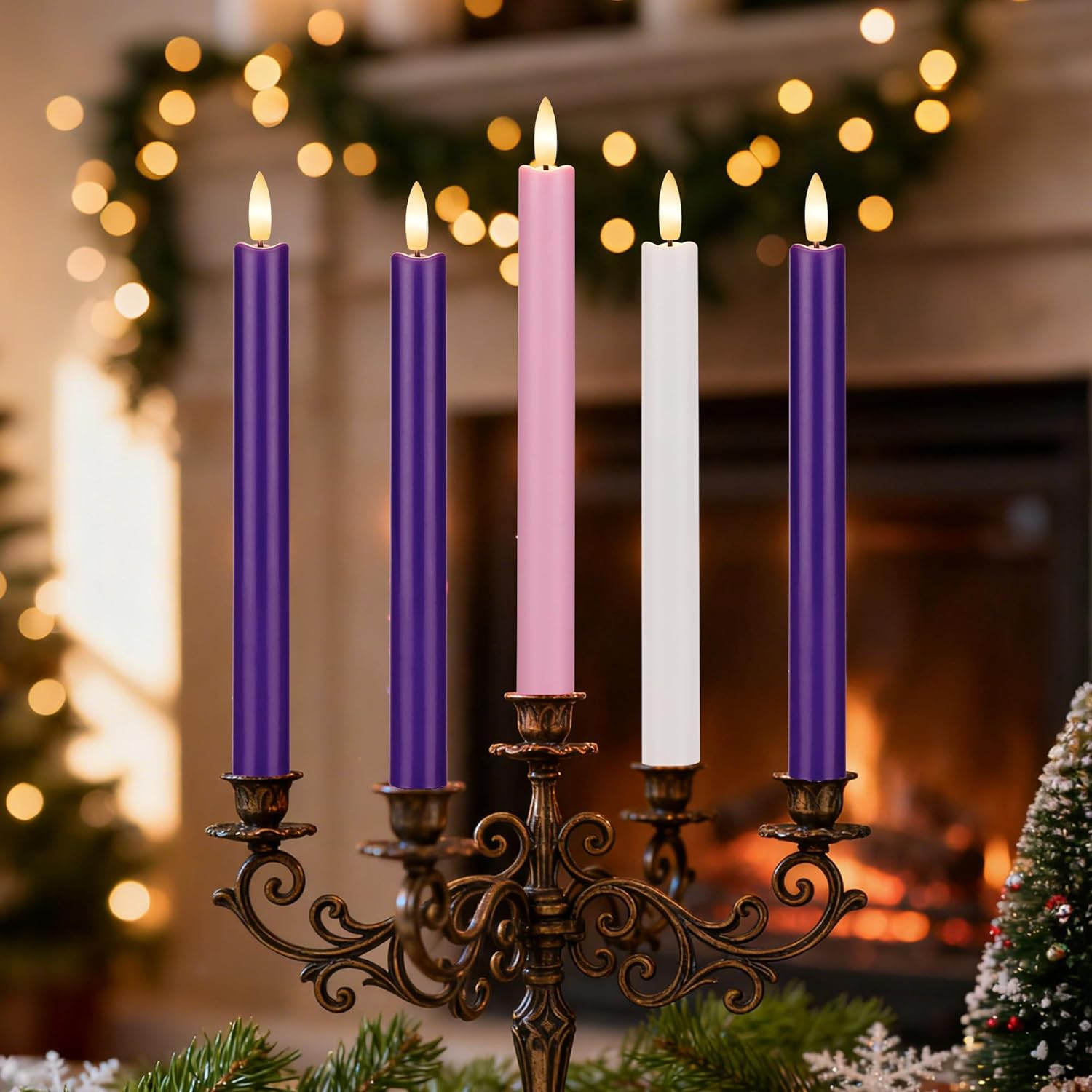 Flamless Advent Candles Set of 5, Purple and Pink Battery Operated Advent Taper Candles, LED Christmas Candlesticks for Thanksgiving Xmas Advent Wreath Decor