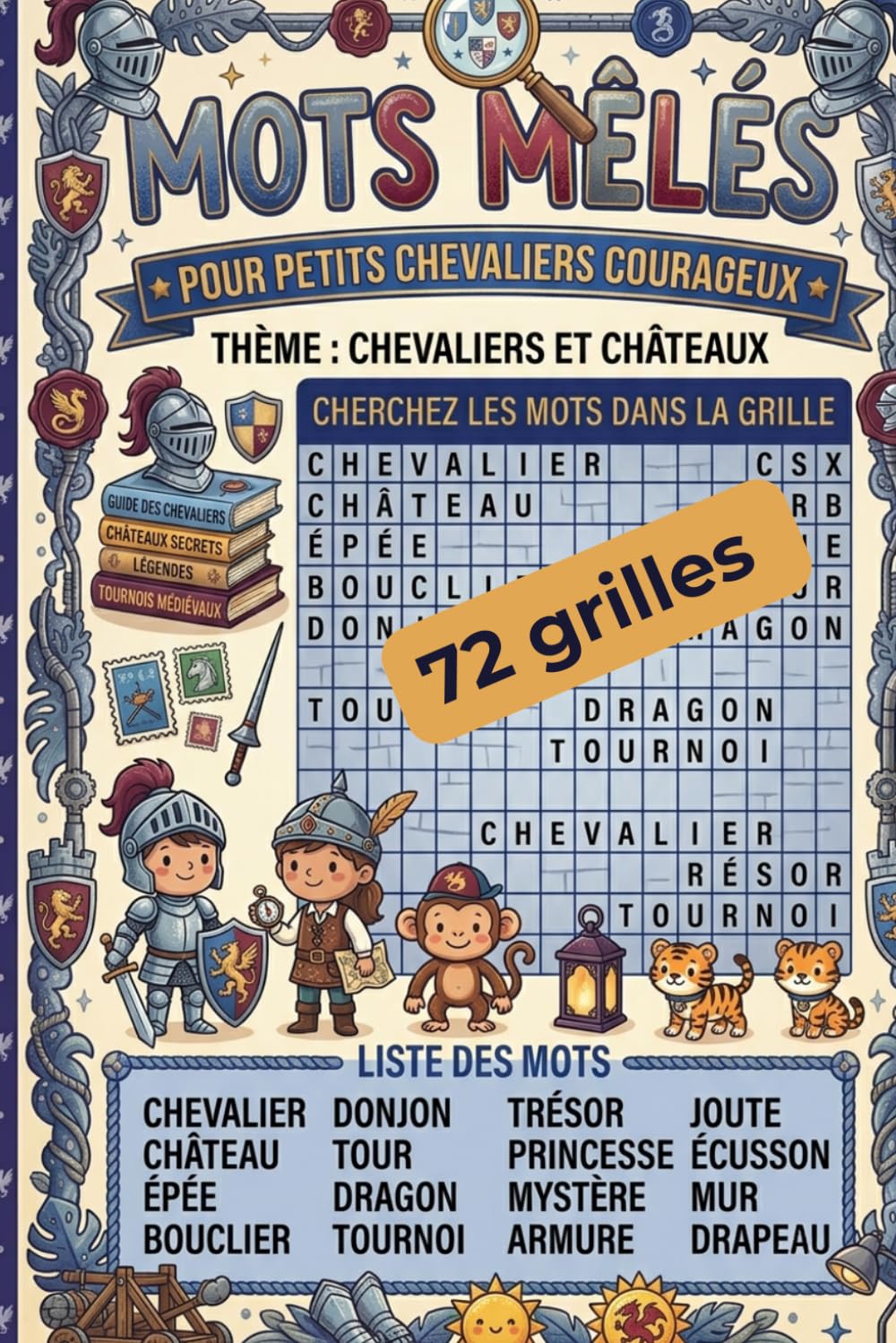Mots mêlés Chevaliers et Châteaux pour enfants: 72 grilles ludiques sur les chevaliers, les châteaux, les armures, les tournois, les trésors, les rois, les reines et les légendes médiévales
