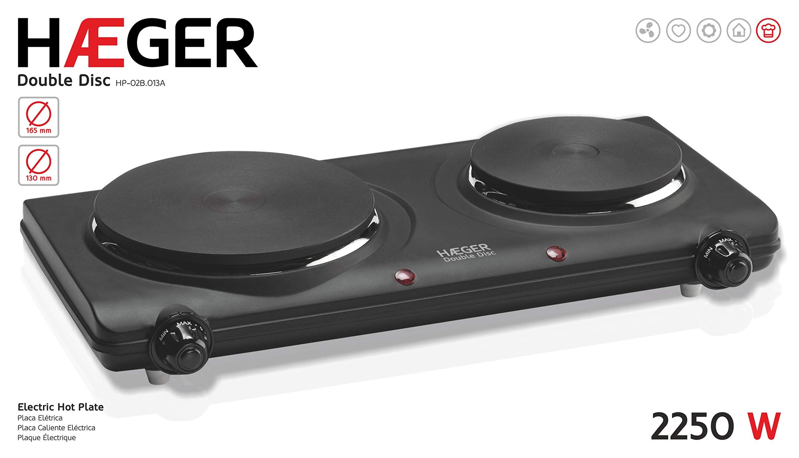 HAEGER DOUBLE DISC - Placa Eléctrica con 2250W de potencia, 165mm y 130mm de diámetro, sistema de seguridad con fusible termal, temperatura de la calefacción ajustable con 5 niveles