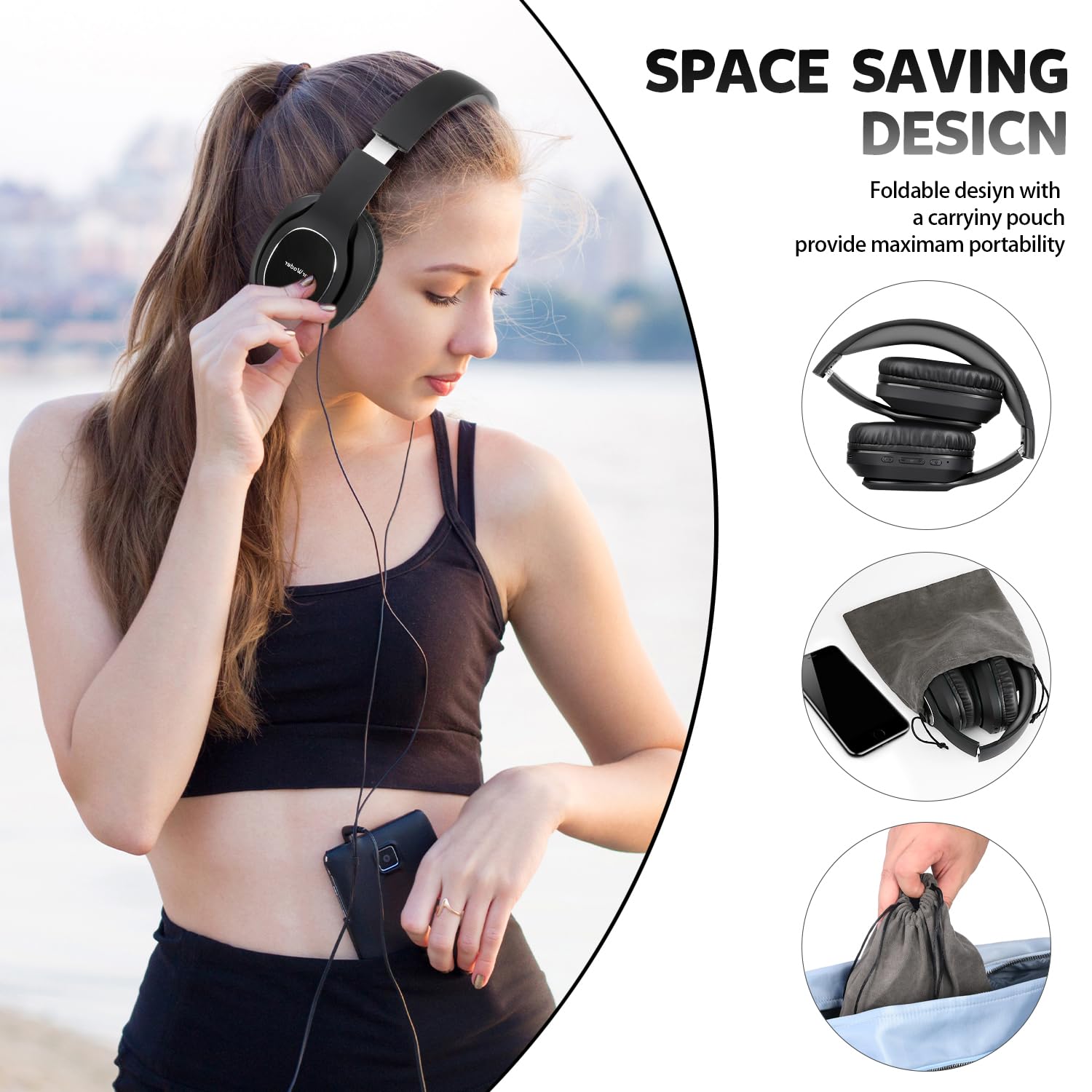 WorWoder Cuffietta senza fili da 80 ore, Bluetooth 5.0 wireless e cablata, audio stereo HiFi con microfono, cuffie leggere con bassi profondi per lavoro, viaggi di classe online (nero)