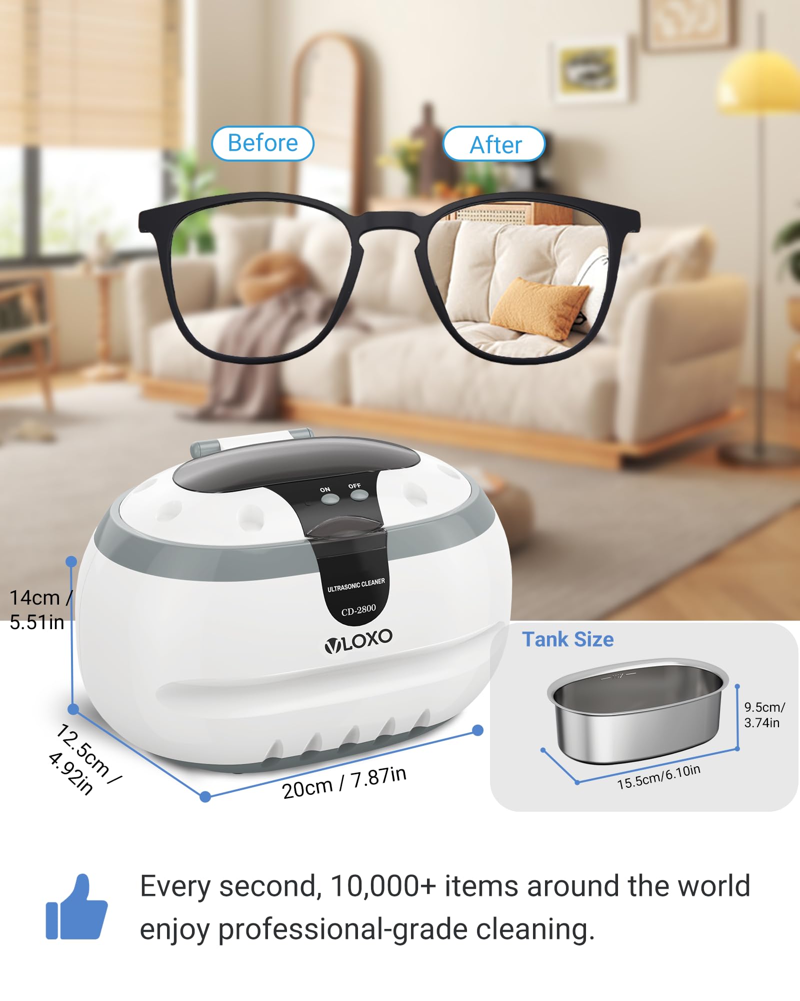 600 ml Dispositivo di pulizia a ultrasuoni - VLOXO Pulitore ad ultrasuoni 42kHz per occhiali, orologi, gioielli, orecchini, collane, rasoi, protesi dentarie, utensili, pennelli cosmetici, 50W, vasca
