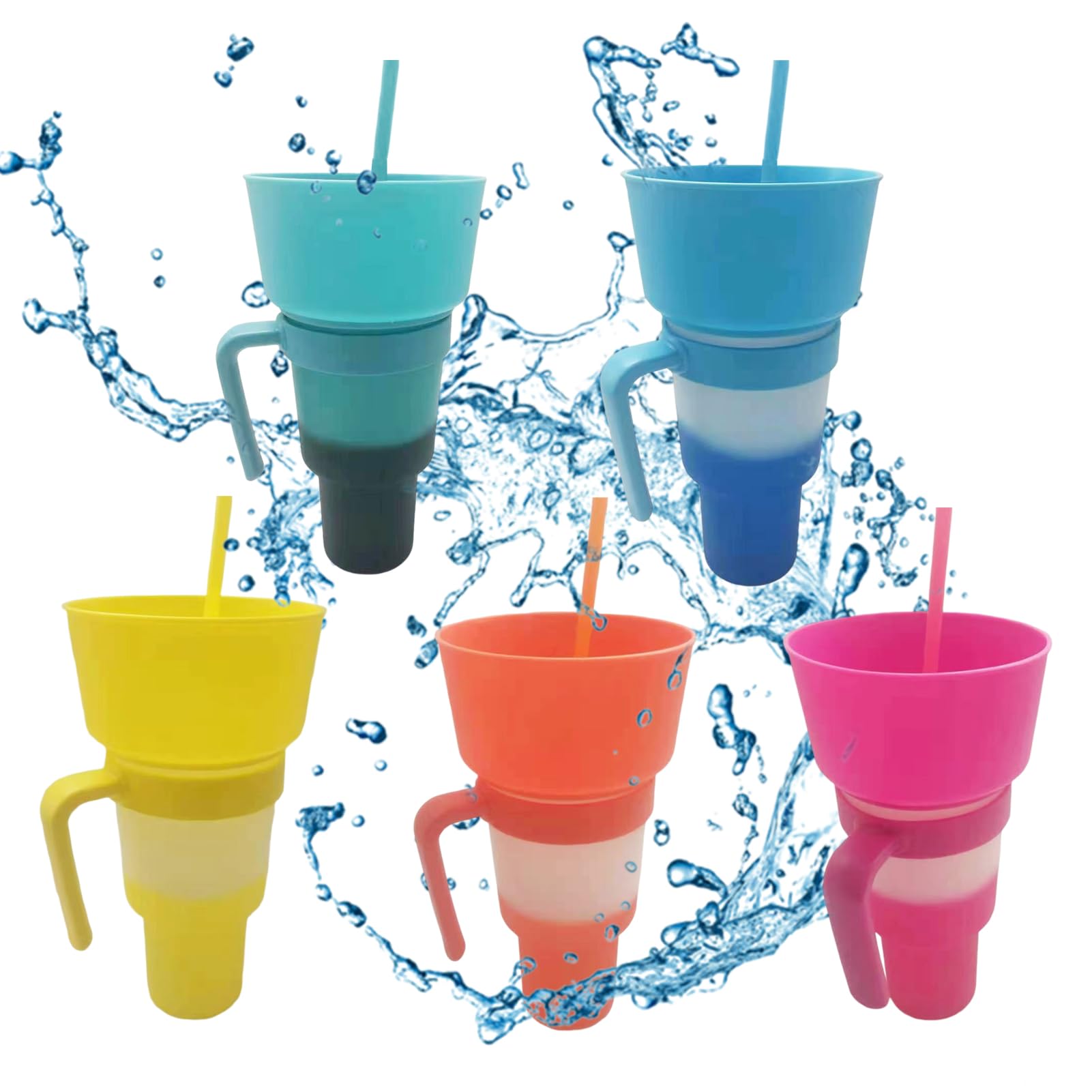 5 vasos 2 en 1, vasos de plástico reutilizables para bebidas y aperitivos con popote, vaso de estadio con cuenco superior para papas fritas y Coca-Cola, perfecto para uso sobre la marcha con una