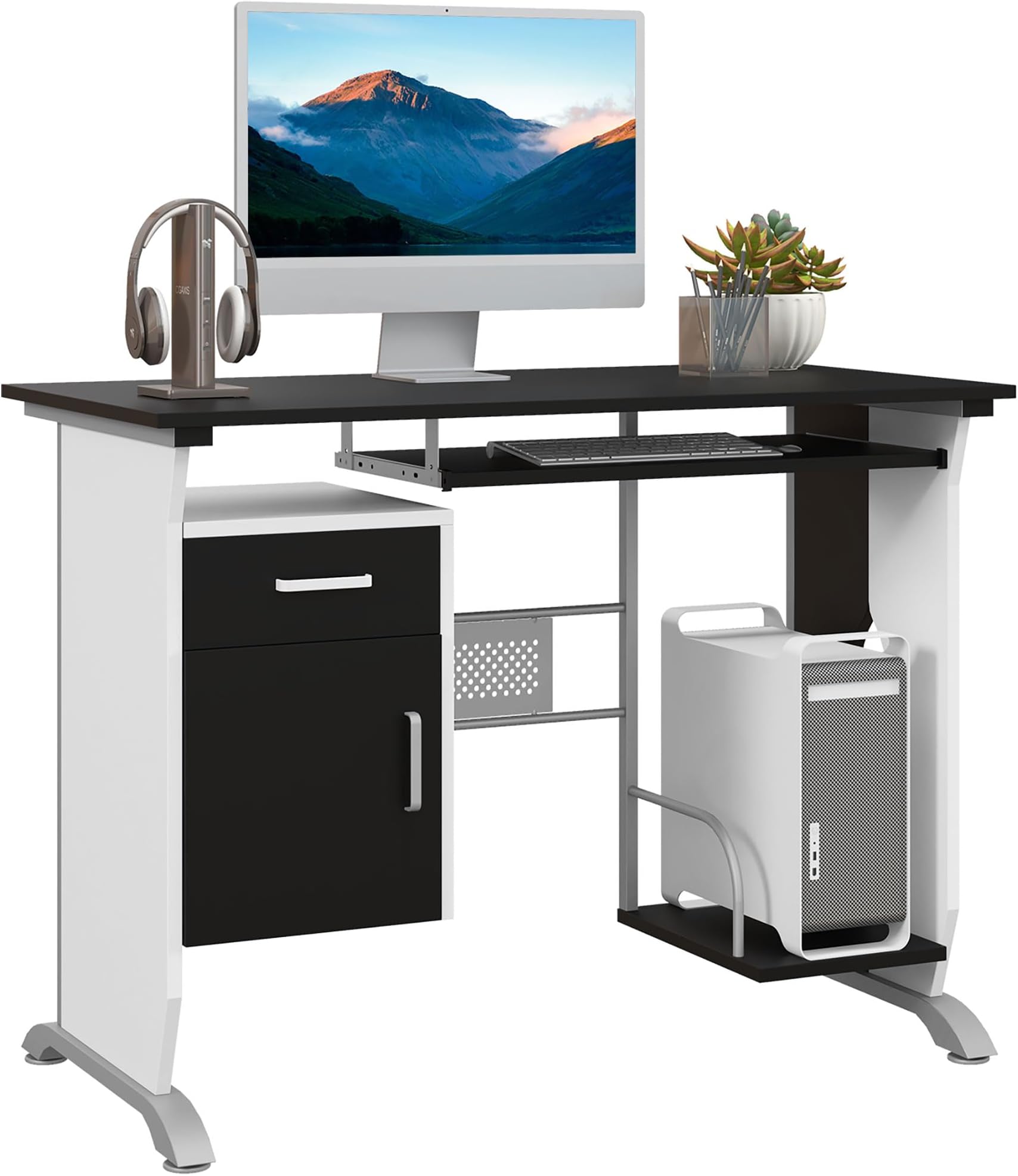 HOMCOM Computer Desk with Sliding Keyboard Tray, Storage Drawers and Host Box Shelf, Home Office Desk, Study Workstation, 100 x 52 x 75cm, Black