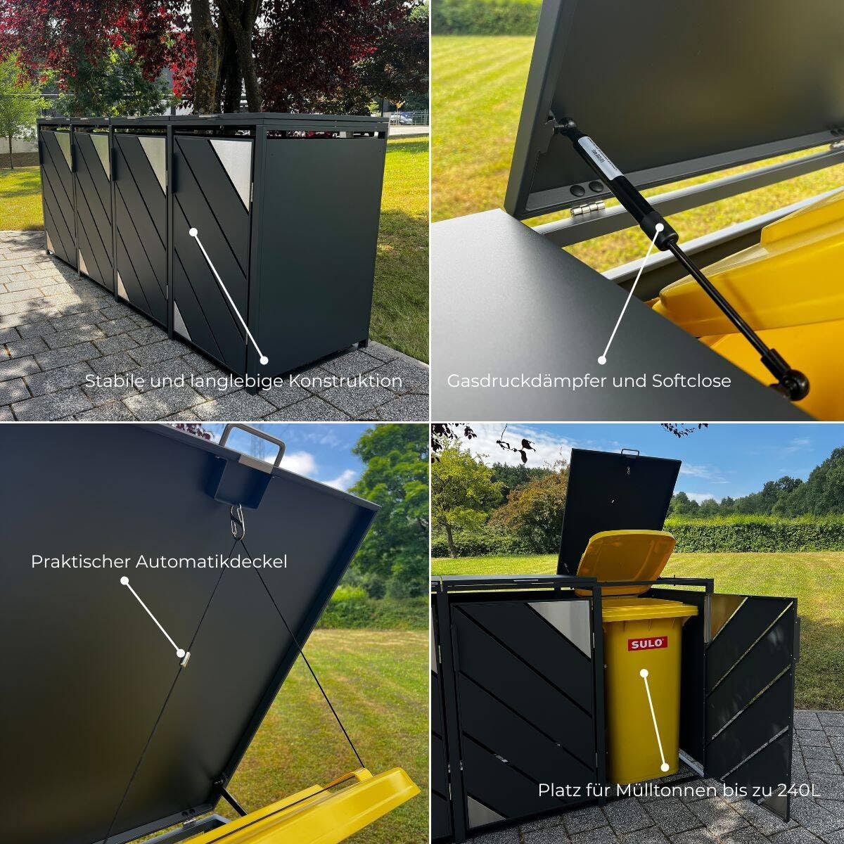 Metzler Mülltonnenbox 3er 240L Anthrazit mit Edelstahl Akzenten | Mülltonnenverkleidung für 3 Tonnen aus verzinktem Stahl | wetterfest mit Automatikdeckel und Soft Close