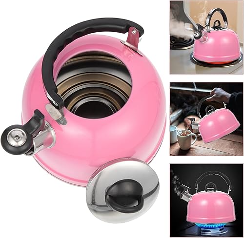 Miniatura 5 de Ciieeo Hervidor de té silbante en la parte superior de la estufa, tetera floral de acero inoxidable rosa con mango ergonómico de tacto fresco,