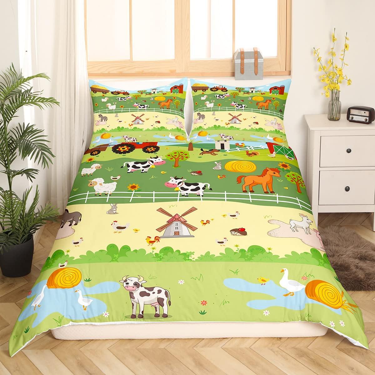 Fattoria Animale Copripiumino 135 x 200 cm Carino Mucca Cavallo Set di biancheria da letto per bambini piccoli, Fumetti Camion Trattore Consolatore Copertura Rustico Fattoria Letto Set Paese Gallo