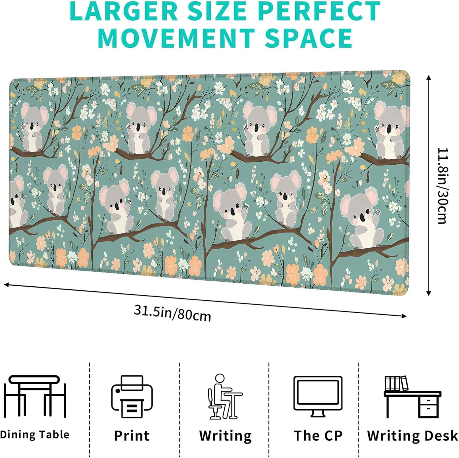 Cute Koala Gaming Mouse Pad,12x31.5in Non-Slip Rubber Sweet Blossom Teal Desk Mat,Large Extended Animal Mousepad for Office Home Laptop,Mice Pads Gifts,Game Lover Deskmat Decor