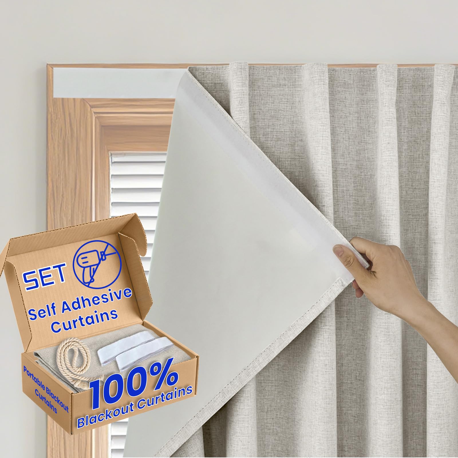 100% Blackout Curtains for Bedroom Stick On Curtain Window Shades Pull Down Blackout Window Cover No Drillng Self Adhesive Curtains No Rod Small Windows, W45 x L72 inch, 1 Panel, Light Beige