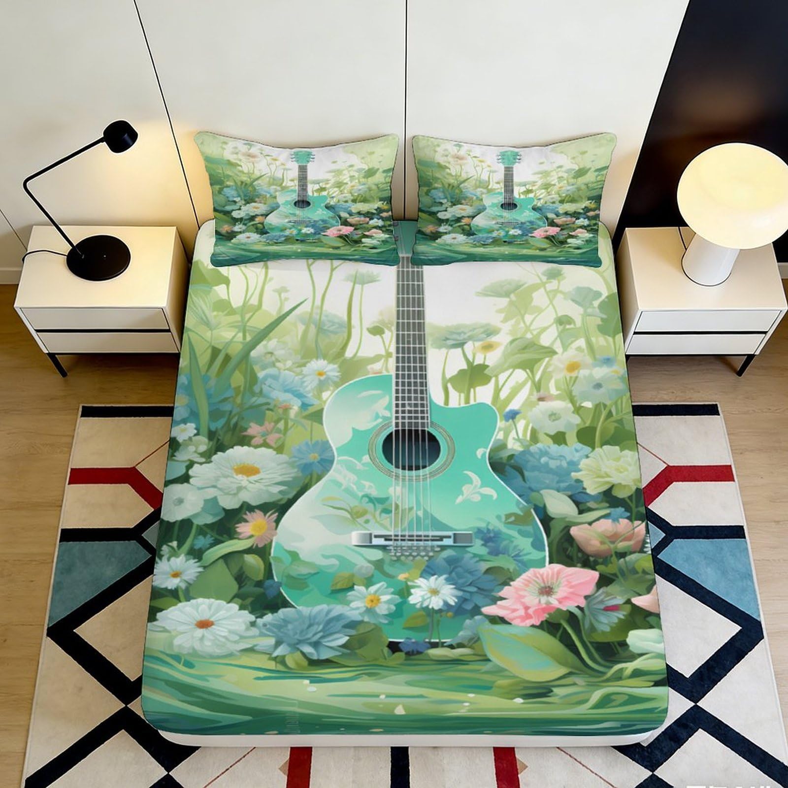3D Printed Green Guitar Floral Fitted Sheet Microfiber Soft Anti-Slip Mattress Cover Artistic Bedroom Decor for Home Dorm Guest Room 90x200x25cm