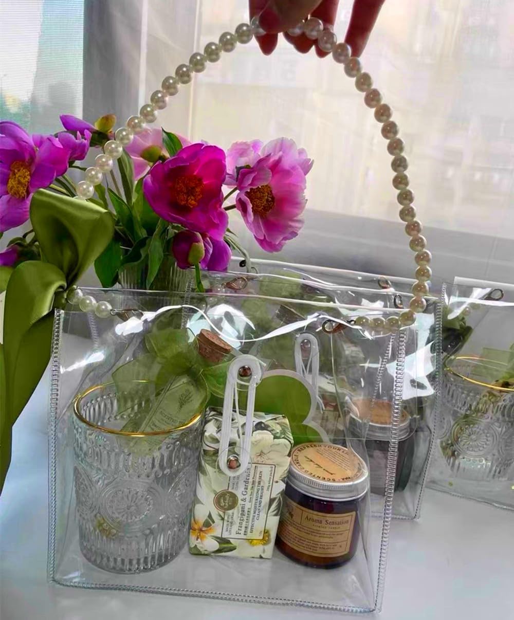 Clear Gift Wrap Bag with Pearls Handles(2pcs, 7.9 X 7.1 X 4'')Heavy Duty Plastic Waterproof Gift Packing Bag for Party, Reusable Merchandise Retail Transparent PVC Shopping Tote Bags for Package Candy - Image 4