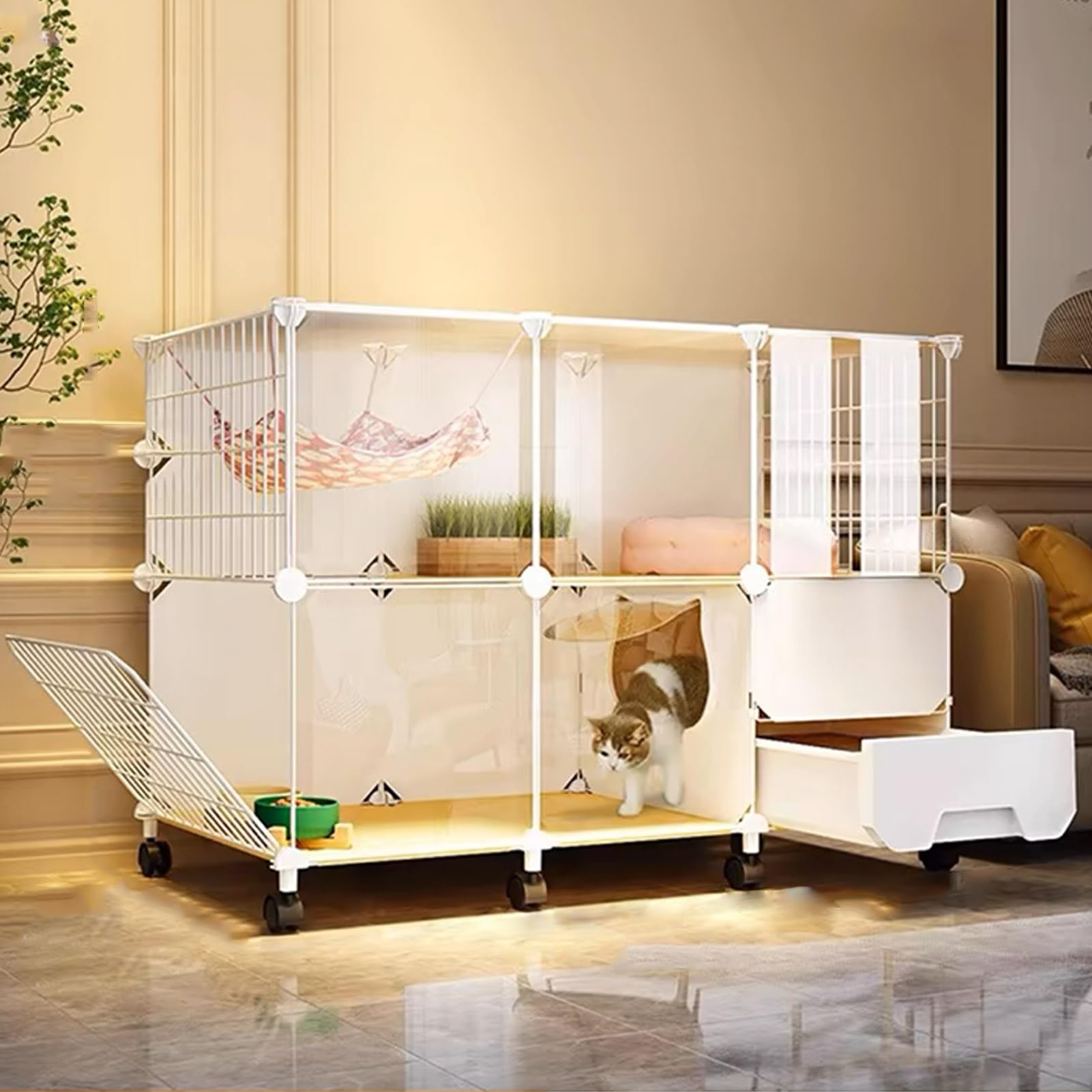 Parc pour chat 2 niveaux cage d'intérieur amovible blanche transparente avec bac à litière