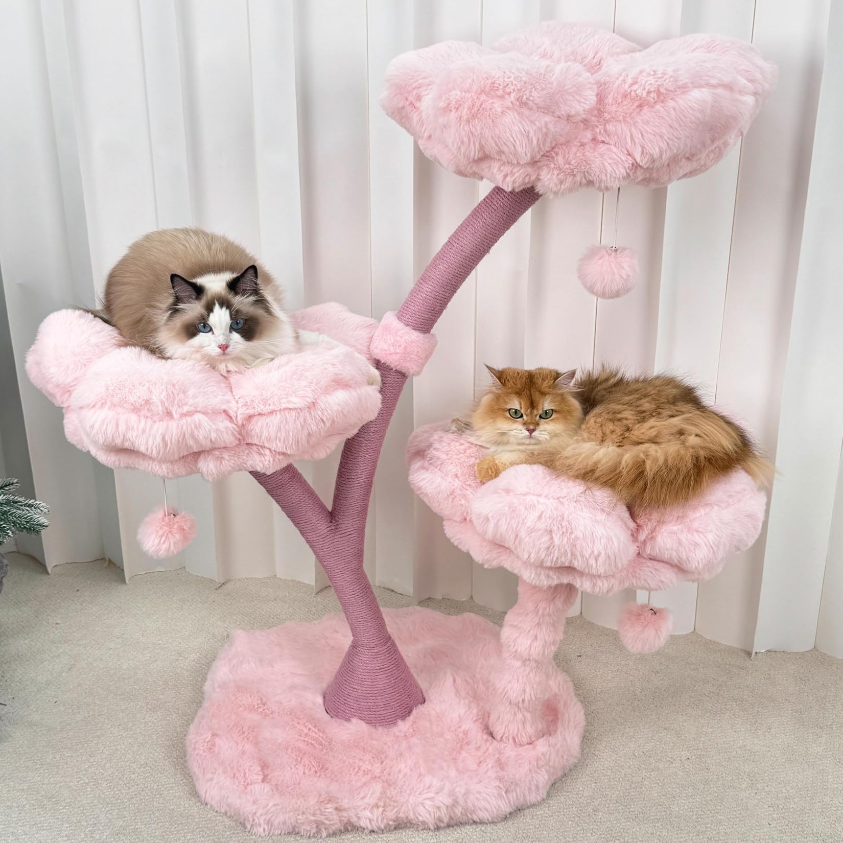 BingoPaw Designer Kratzbaum Rosa Blumen 105cm, Katzenbaum mit 3 Plattformen