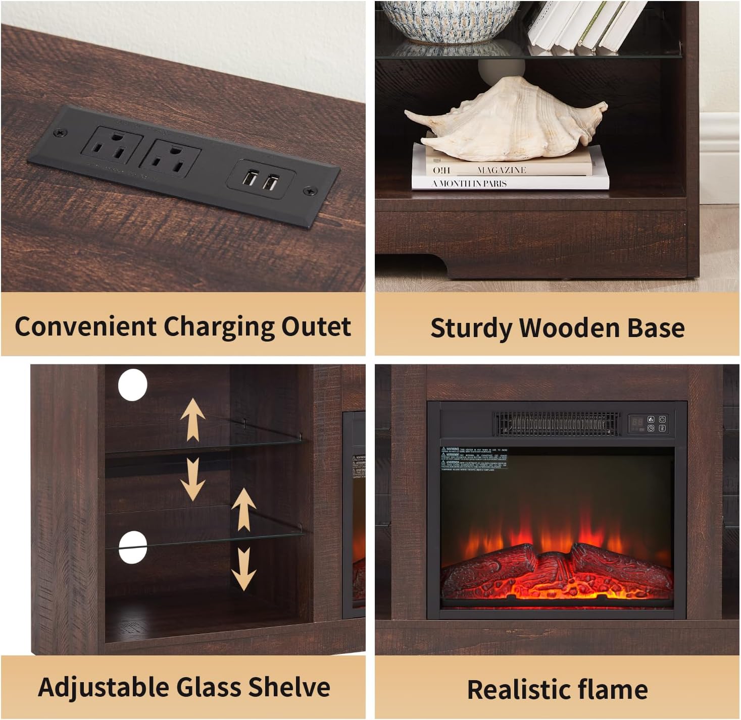 Fireplace TV Stand with 18" Fireplace Heater Inserts-Led Entertainment Center，58 inch TV Media Console with Glass Shelves and Storage Cabinet for TVs Up to 65" for Living Room/Bedroom,Espresso