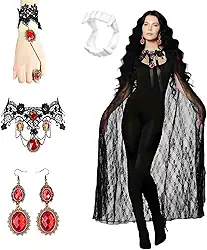 Conjunto de fantasia feminina de vampiro de Halloween: capa com capuz de renda preta, tatuagens de sangue, presas e joias elegantes de vampiro - ideal para cosplay e festas