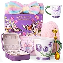 Birthday Mothers Day Gifts for Mom from Daughter Son, 7pcs Tulip Mom Gifts Set, Ideas Basket Presents for Mother Birthday - 18Oz Pearlescent Ceramic Mug Jewelry Case Hairband Socks Card Gift Boxed