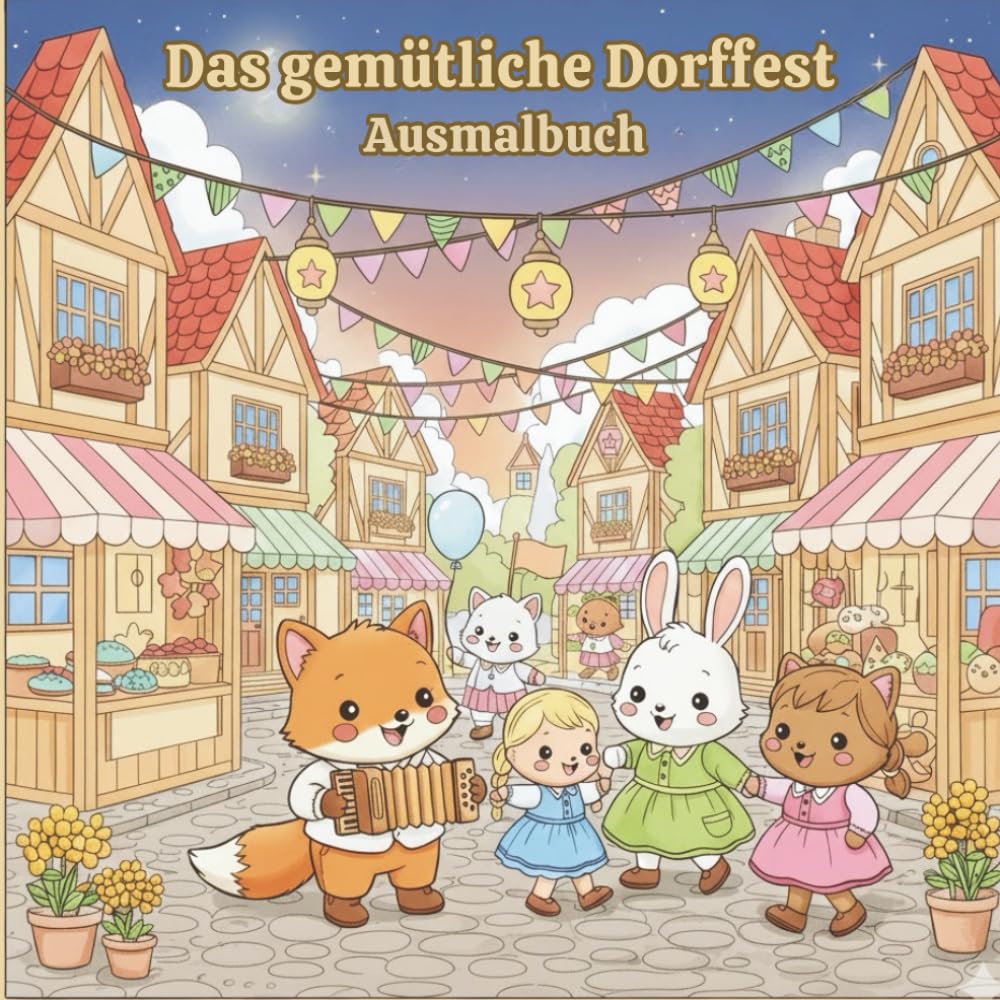 Das gemütliche Dorffest-Ausmalbuch: Ein niedliches und gemütliches Ausmalabenteuer mit fröhlichen Tieren, Laternen und Dorffreude für Kinder von 4 bis 8 Jahren