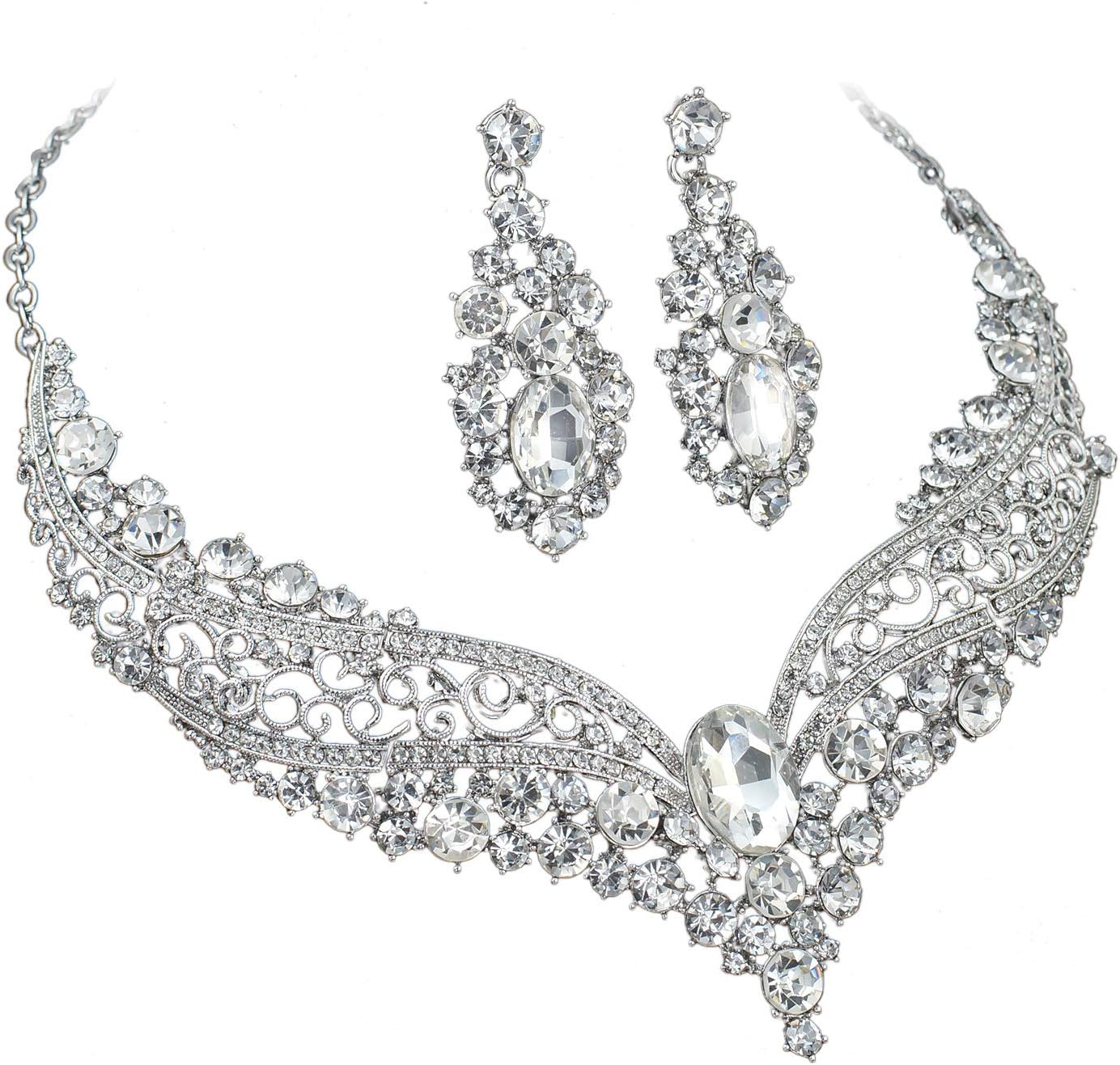 VenFine Clear White Austrian Rhinestone Crystal Hollow Alloy Flower Earrings Collar Necklace Jewelry Gift Wedding Bridal Party Prom