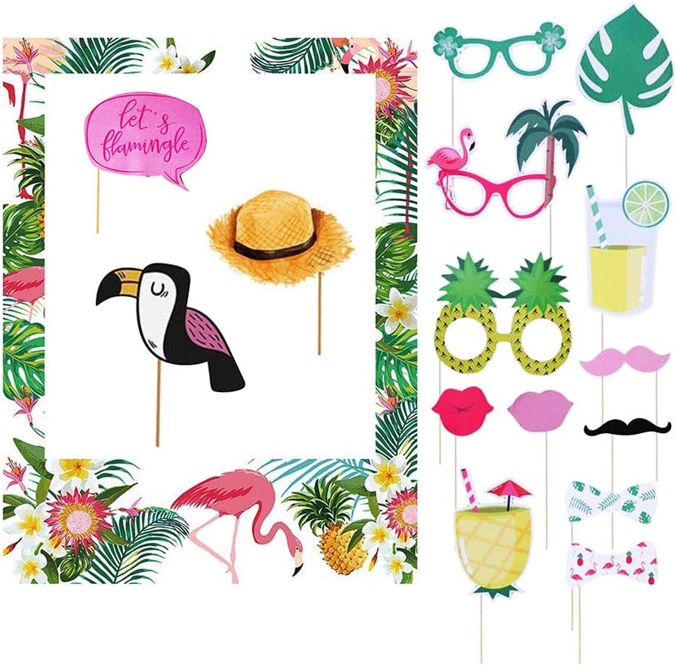 SIMUER Photo Booth Prop Frame 16 Pcs Set, Bamboo Material, Multicolor, Tropical Party Supplies, DecorativeCutouts for Tiki Birthday Baby Shower Bride Shower Wedding Decoration