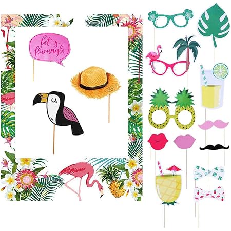 HOWAF Kit Photobooth Hawaïen Gonflable + 21 Accessoires – Cadre Tropical Aloha & Flamant Rose Pour Luau Party !
