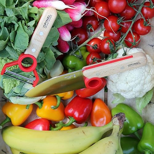 Miniatura 9 de Opinel Le Petit Chef Complete 3 Piece Kitchen Set, Chef Knife with Rounded Tip, Fingers Guard, Peeler, For Children and Teaching Food Prep and Rojo