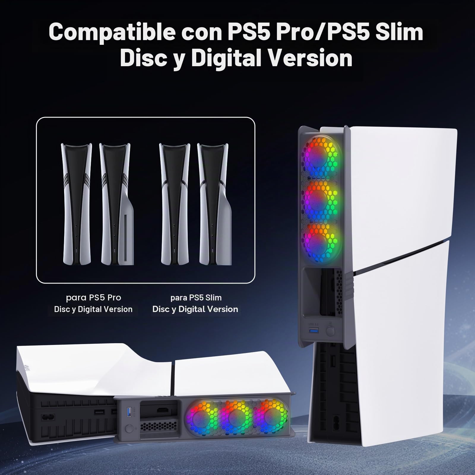 ELUTENG Ventilador para PS5 Slim, Ventilador Refrigerador para PS5 Pro con Ajuste Automático de Velocidad/Luz RGB/Hub USB 3.0, Accesorio de Refrigeración Silencioso para Playstation 5 Pro/Slim