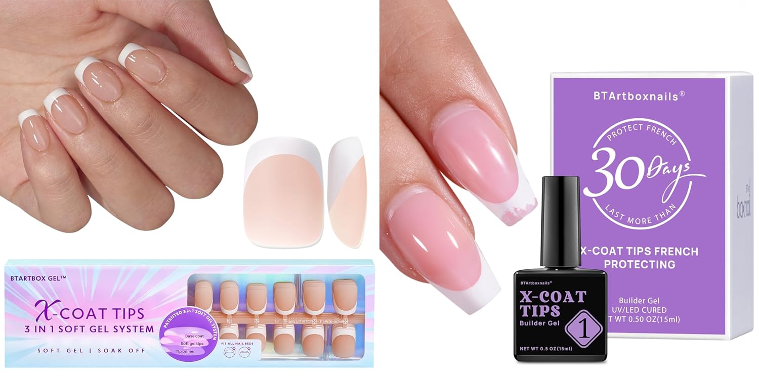 BTArtboxnails Soft Gel Nail Tips Builder Gel - Extra Short Square French Tip Press on Nails XCOATTIPS 15ML