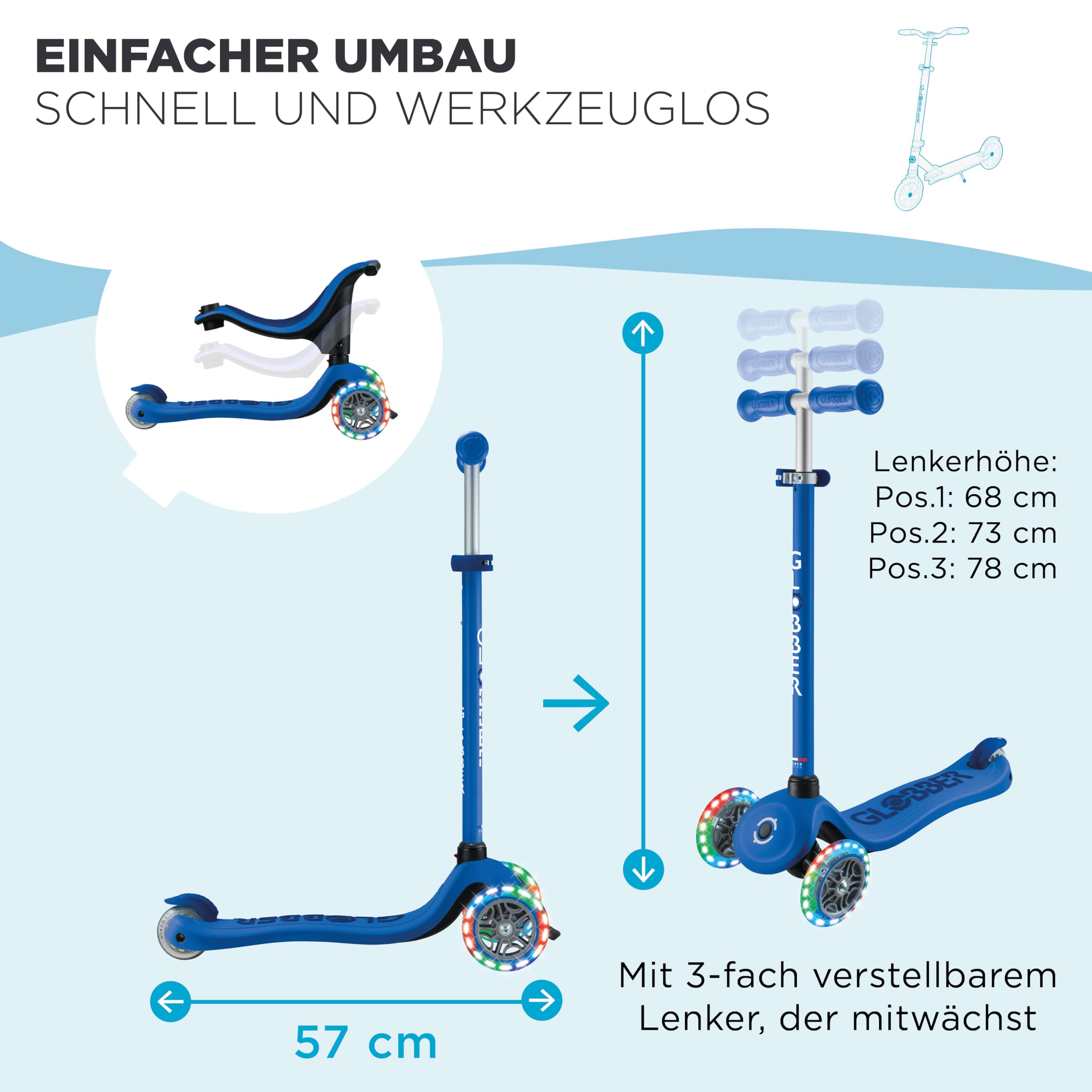 GLOBBER GO-UP Sporty Lights 360, 3-in-1 Kinderfahrzeug, 15+ Monate, Höhenverstellbare Lenkstange, LED-Leuchtrollen, 20kg/50kg, 3-Räder, Aluminium-Rahmen