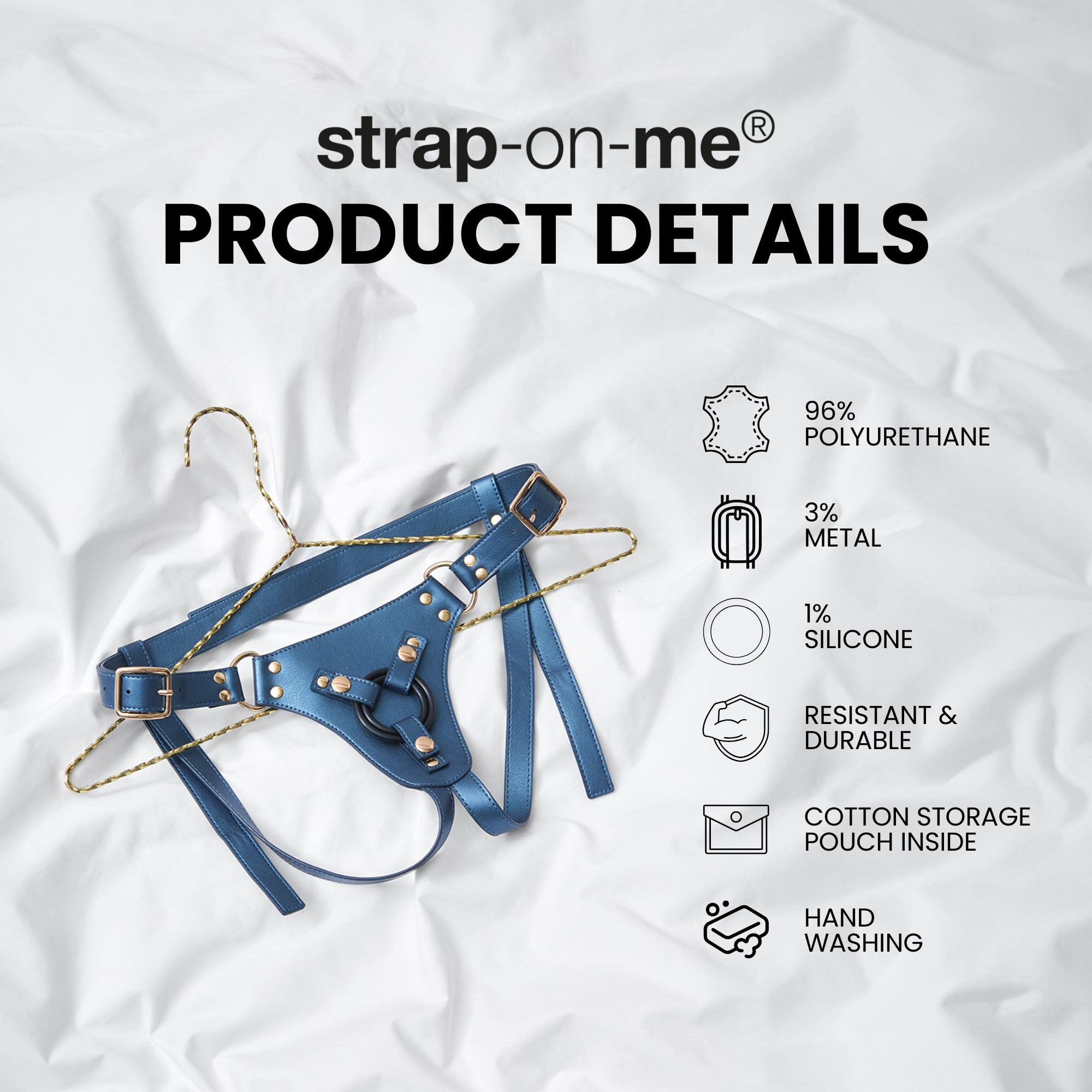 Strap-on-me Arnés de polipiel Generous | Arnés sexy erótico y BDSM ajustable | Strapon Pegging, talla XS-XXL, Azul Metálico o Aubergine