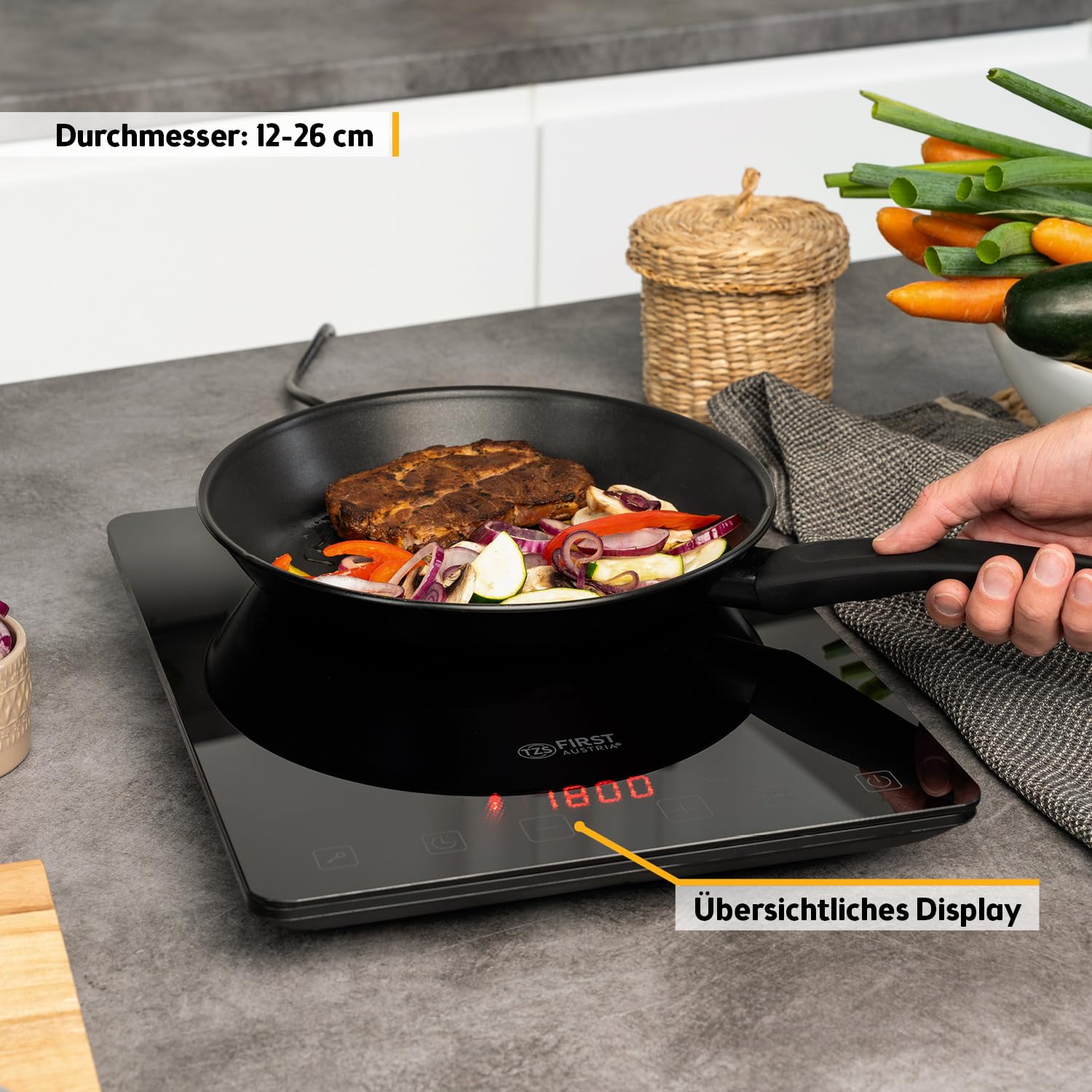TZS First Austria Induktionskochplatte 2000W – Ultraschlankes Slim-Design & Kristallglas – Digitales Kochfeld mit Touch-Sensor, 10 Stufen & Timer – Ø 260 mm – Ideal für Camping, Garten & Büro