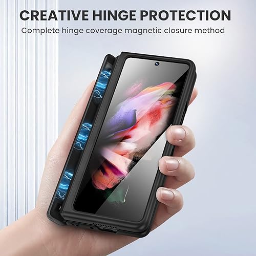 Miniatura 3 de Ruky Funda con función atril para Samsung Galaxy Z Fold 3 con protección de bisagra, funda de cuerpo completo con protector de pantalla integrado,