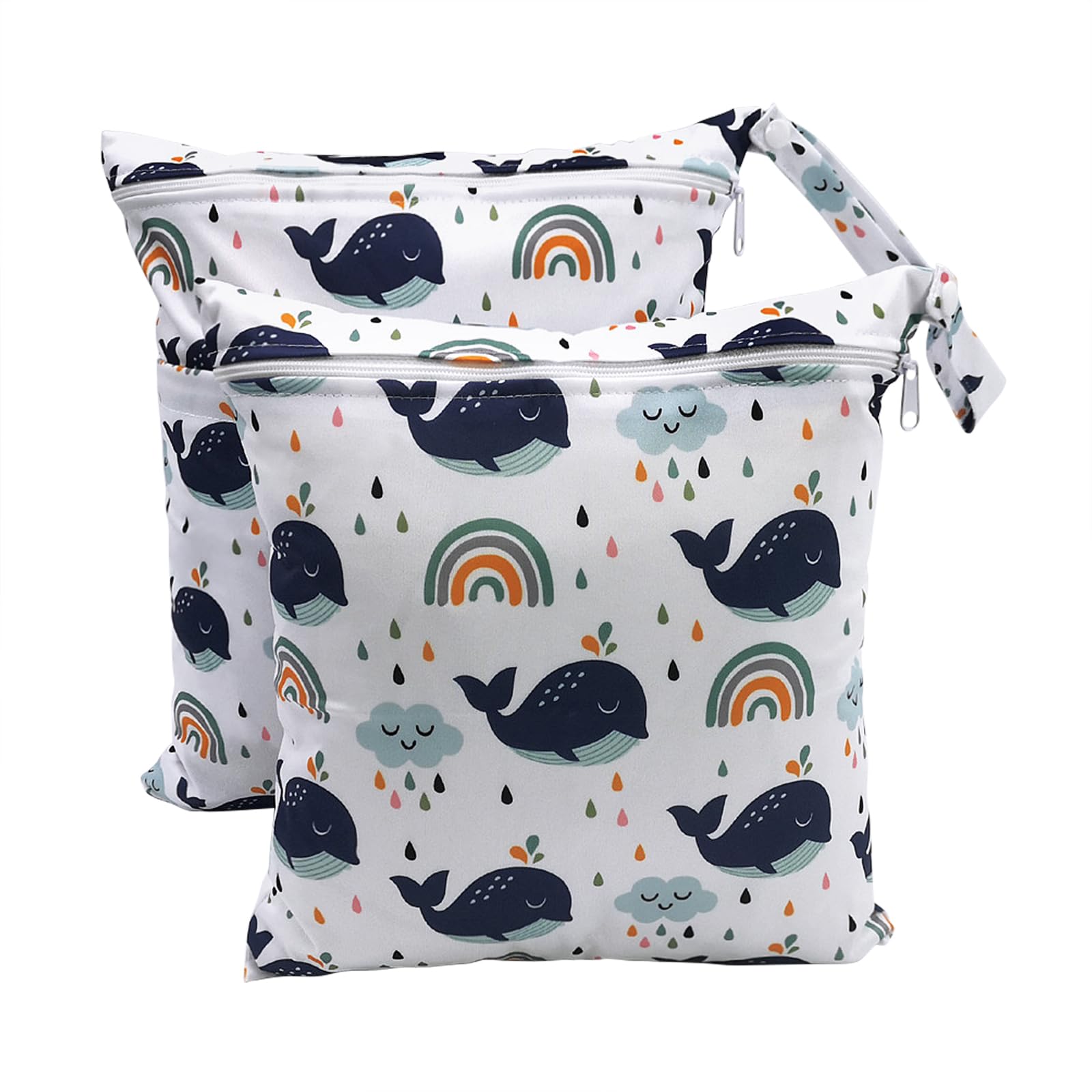 Baynetin 2 Packs Cartoon Print Wet Dry Bags | Waterproof Reusable Nappy & Swim Bag | Single Double Zipper Pouch for Swimming, Beach, Nursery & Travel (A-Whale)