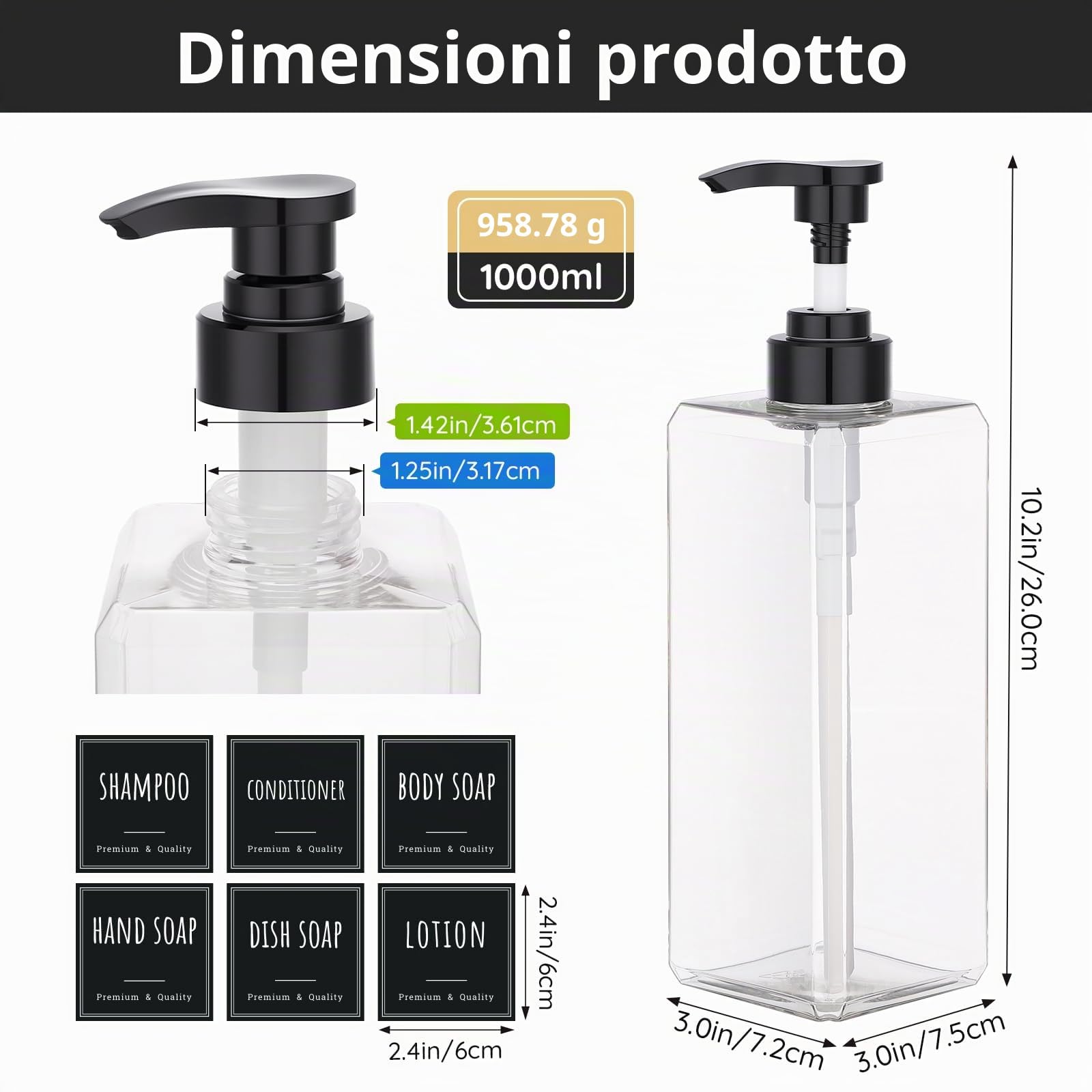 Segbeauty Dispenser Sapone Bagno Trasparente, 3 Pezzi 1000ml Dosatore Shampoo con Etichetta, Flaconi Vuoti in Plastica, Dispenser Sapone per Cucina e Bagno (Quadrato)