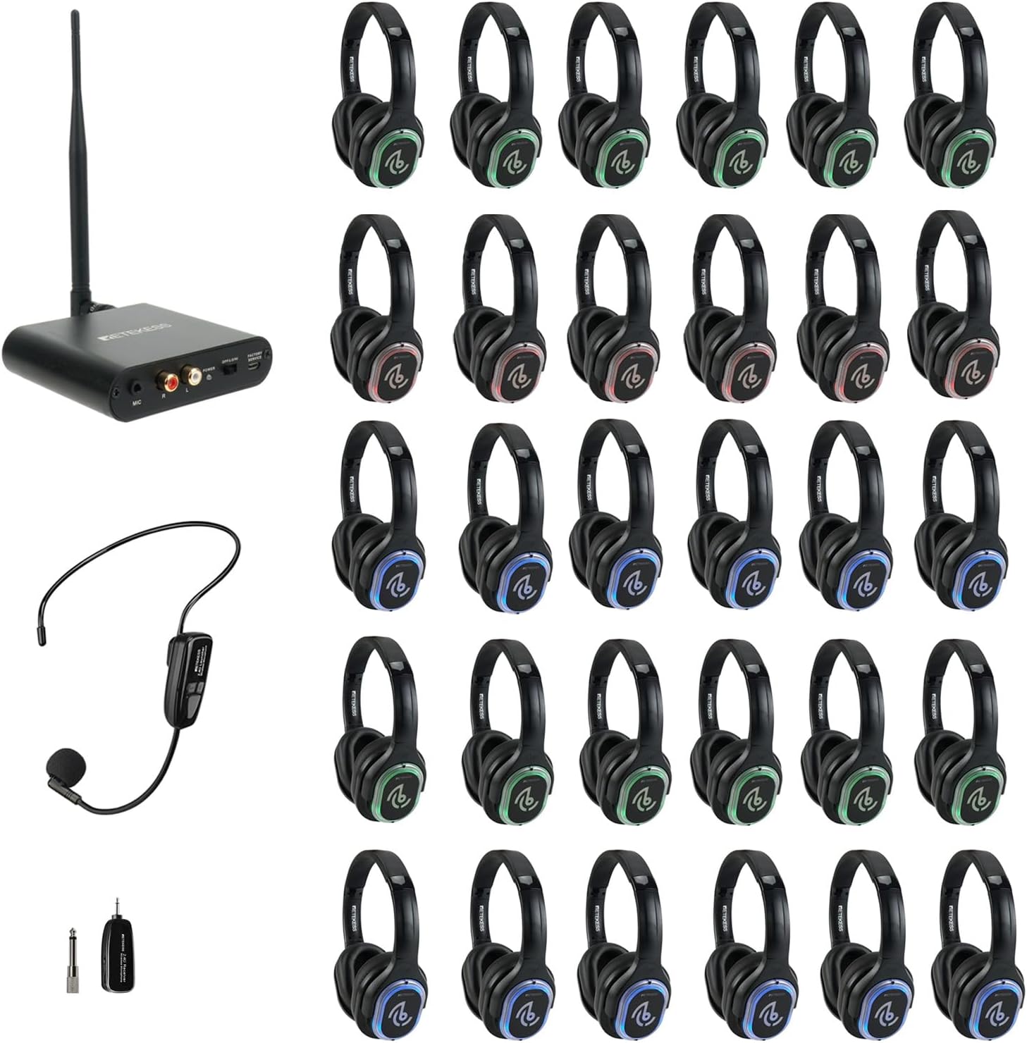 Retekess TA003 Silent Disco Headphone System, Stereo and HiFi Sound, Silent Party Headphones for Music Events, Bar, Silent Conference Bundle TT123 2.4G Wireless Mic System