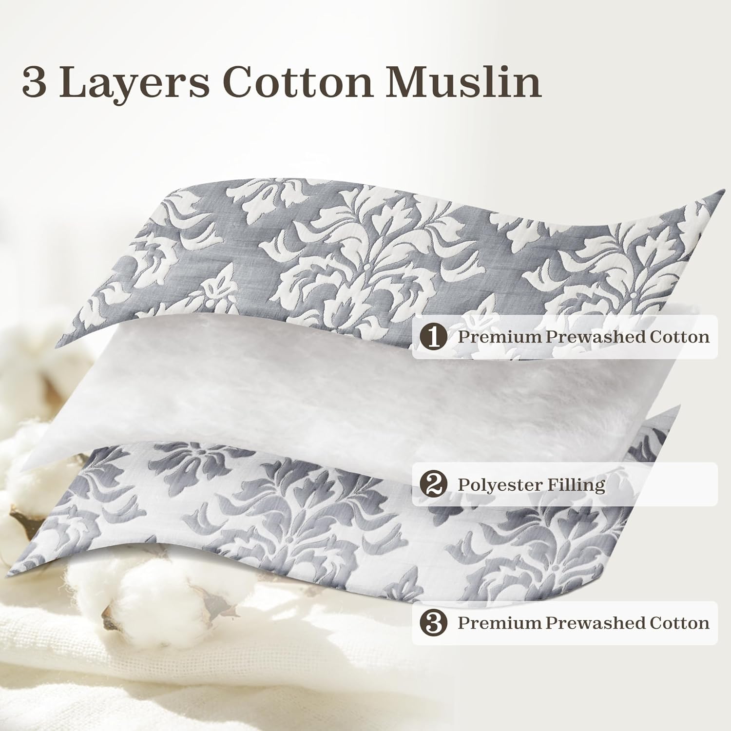 Exclusivo Mezcla Cotton Quilts King Size Grey, Soft Lightweight Bedspread Breathable Prewashed Bed Coverlet with 2 Pillow Shams, Boho Pattern Yarn Dyed Muslin Quilt Bedding Set for All Seasons