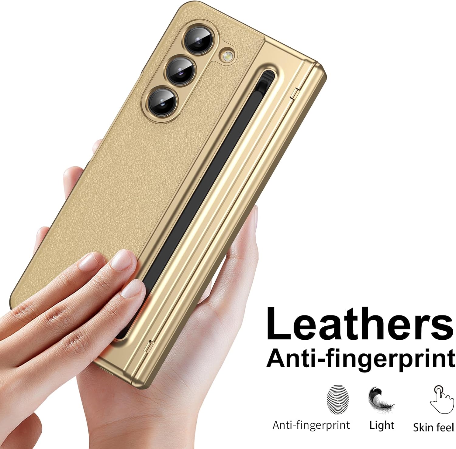 for Samsung Galaxy Z Fold 5 Case with Built-in Screen Protector & Hinge Protection and S Pen, Premium Leather All-Inclusive Protective Phone Cover for Galaxy Z Fold 5- Gold