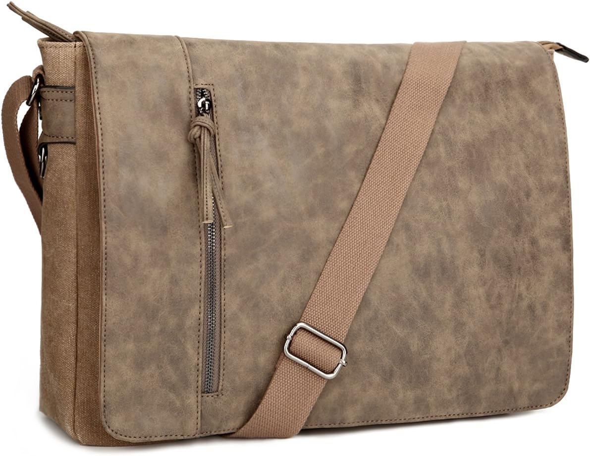 Tocode Laptop Messenger Bag 16.5 Inch for Men and Women, Tocode Vintage Canvas and Waterproof Pu Leather Mixed Large Crossbody Shoulder Bag Computer Laptop Bag, Tablet Messenger Bag for Business