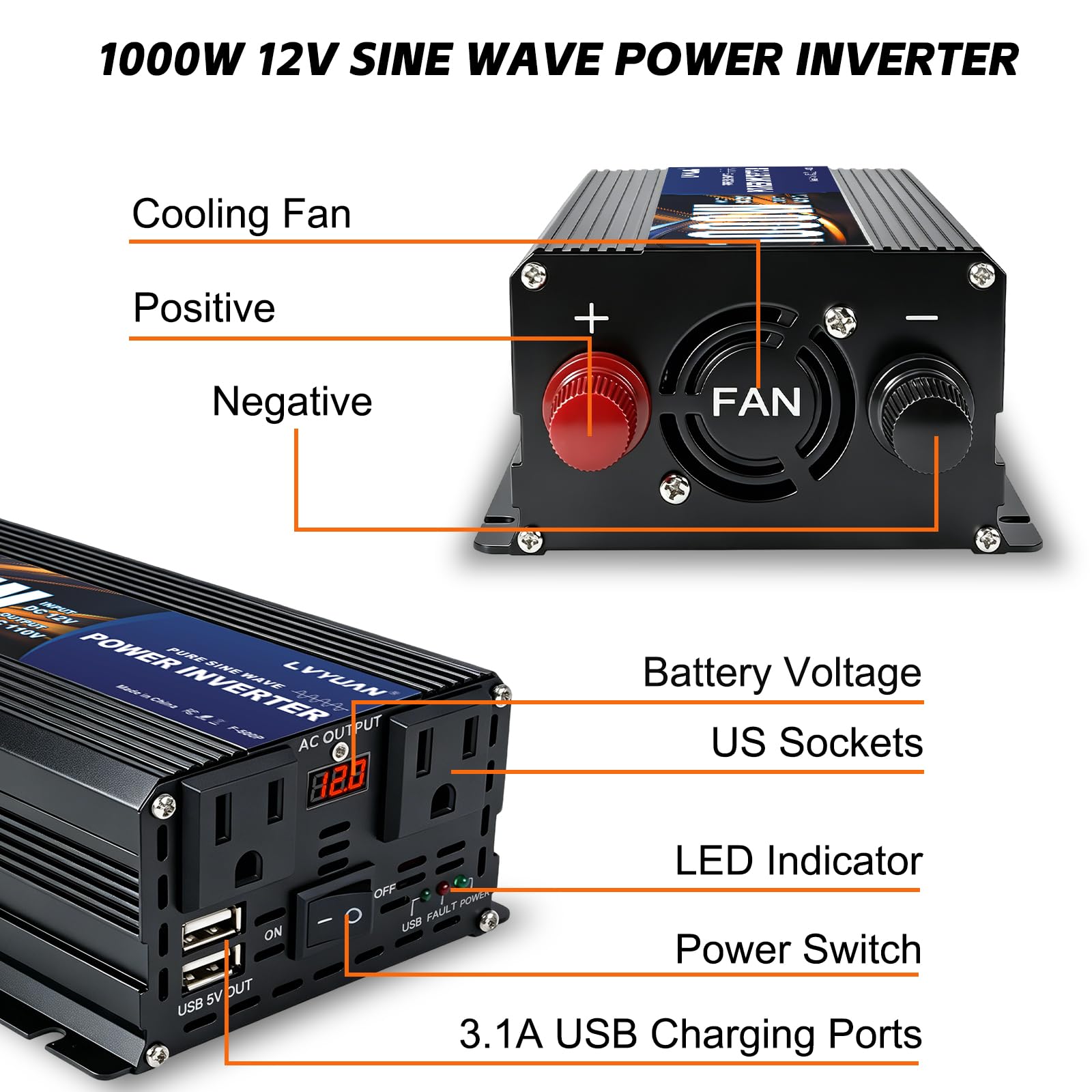 Amazon.co.jp: LVYUAN 1000W 純正正弦波パワーインバーター 12V DC