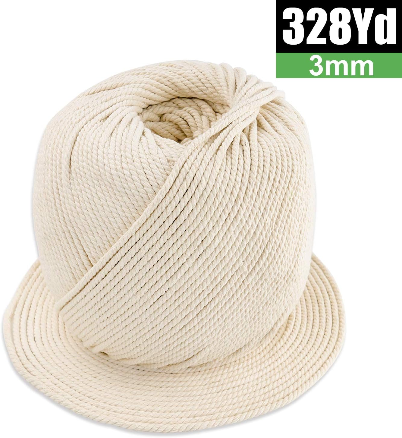 Macrame Cord 3mm x 328Yards | 100% Natural Macrame Rope | 3 Strand Twisted Cotton Cord for Wall Hanging, Plant Hangers, Crafts, Knitting, Decorative Projects | Soft Undyed Cotton Rope