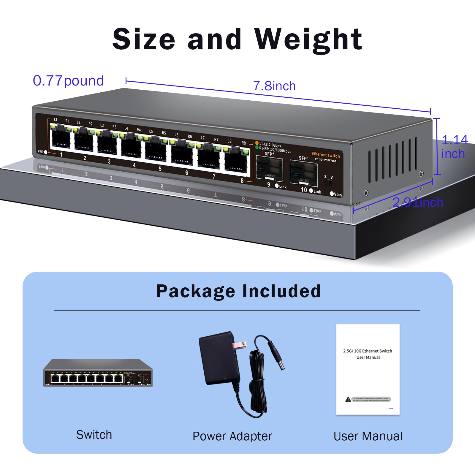 Interruptor Ethernet no administrado de 10 Puertos 2.5G, 8 Puertos Base-T de 2.5G, 2 SFP de 10G, para 100/1000/2500Mbps, VLAN, Interruptor de Red 2.5G sin Ventilador, diseño de Montaje en Pared para