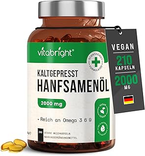 Hanföl Kapseln Kaltgepresst | Pflanzliches Omega 3 6 9 | Vegan Hanfsamenöl Kapseln 210-2/3 Monate | Hochdosiert Hanföl | VitaBright Hemp Oil