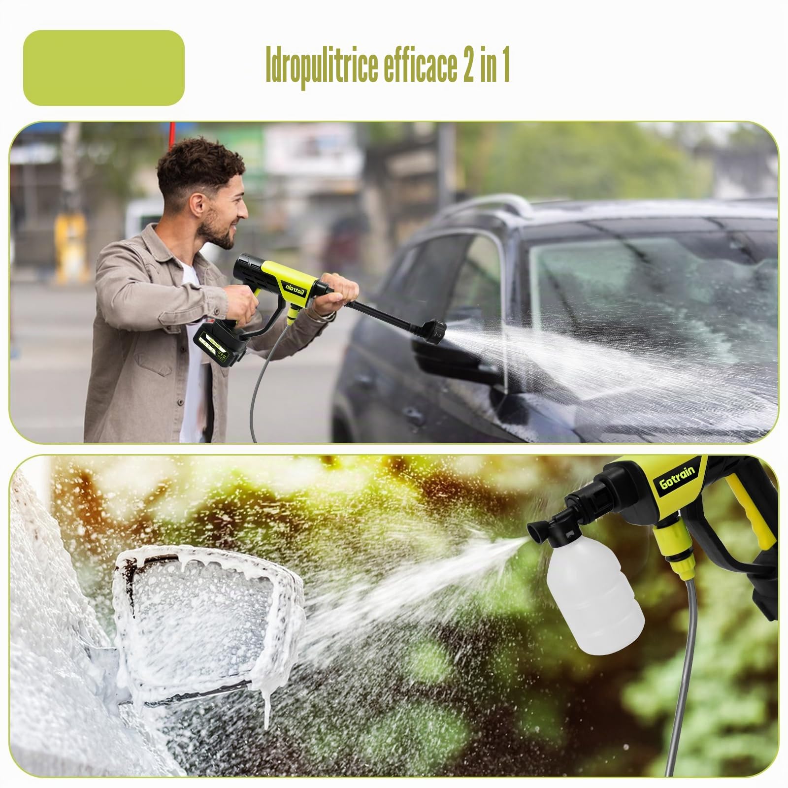 Rondella ad alta pressione 21 V, 30 bar, pistola portatile con 2 batterie ricaricabili 3,0 Ah, ugello multifunzione 6 in 1, tubo 5 m, pulizia e irrigazione auto