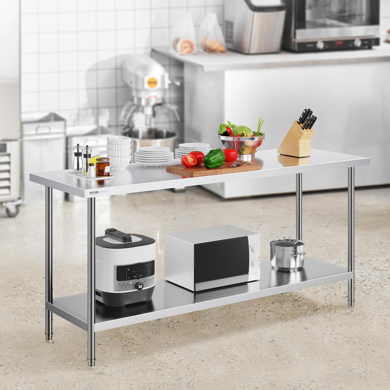 VEVOR Table de Travail en Acier Inoxydable 61x182,9x86,4 cm, Table de Préparation des Aliments Charge 399 kg, 3 Niveaux de Hauteur Réglables, Meuble de Rangement des Aliments, pour Cuisine Restaurant