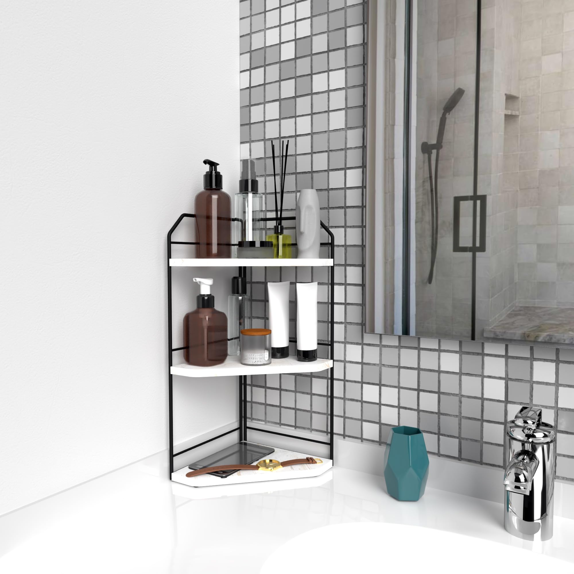 INIUNIK Corner Bathroom Counter Organizer - 3 Tier Wood Vanity Counter Shelf Perfume Skincare Holder, Countertop Corner Shelf Organizer for Bathroom,