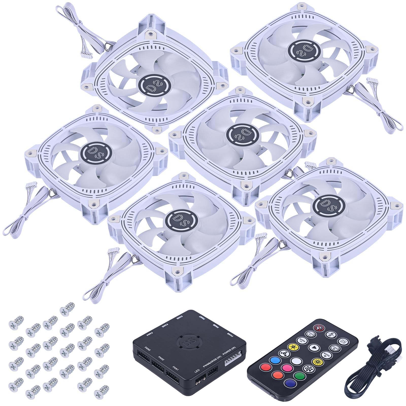 DS Ventiladores LED RGB direccionables de 120 mm con control remoto de 6 pines para carcasa de PC blanca, enfriador de CPU, sistema de radiadores (ventiladores RGB paquete de 6, serie G)