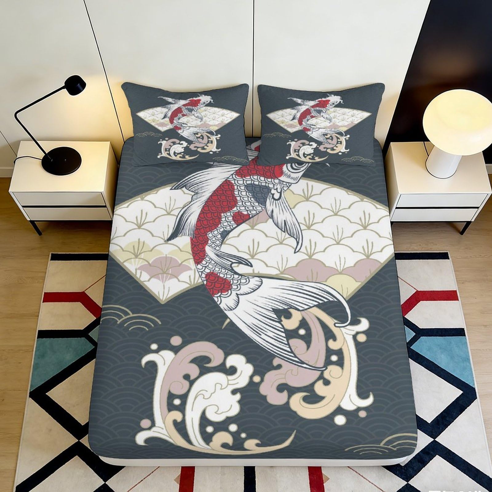3D Printed Koi Fish Fitted Sheet Microfiber Soft Durable Japanese Pattern Bed Cover for Bedroom Dormitory Guest Room Mattress Protection 200x200x25cm