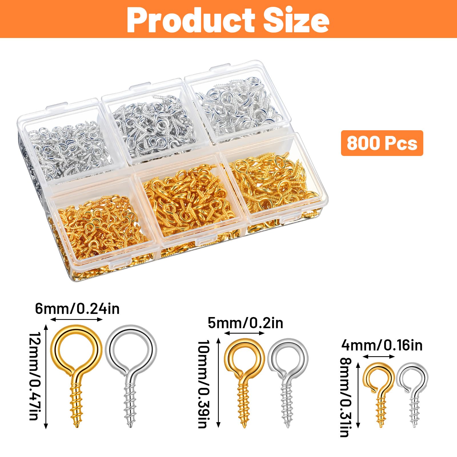 800 viti ad occhiello in acciaio inox, 6 mm, 5 mm, 4 mm, viti ad anello, ganci a vite per artigianato in legno, artigianato, tende, corde