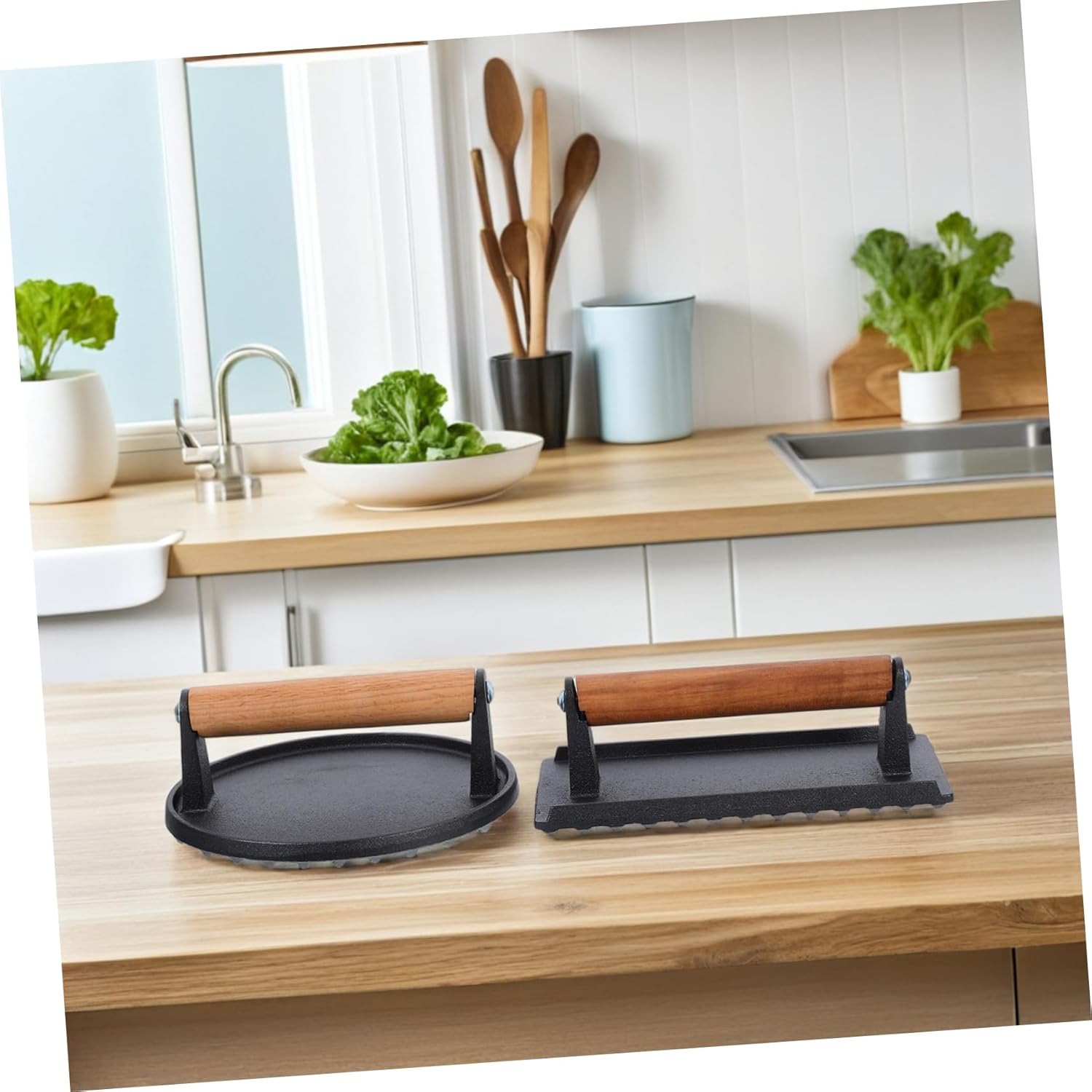 2pcs Manual Meat Press Cast Iron Flat Grill Press for Hamburgers Bacon and Steaks with Wooden Handle for Griddles Ovens and BBQ Cooking