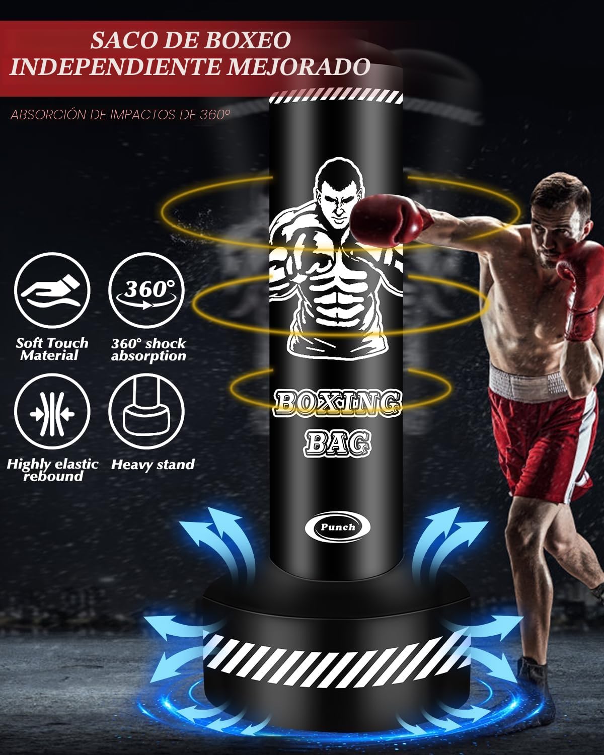 Saco de Boxeo para Adultos, 180 cm, Saco de Boxeo Inflable Pesado con Soporte, Bolsas de Kickboxing para Artes Marciales Mixtas, Muay Thai, Fitness, Mujeres y Hombres, Equipo de Entrenamiento