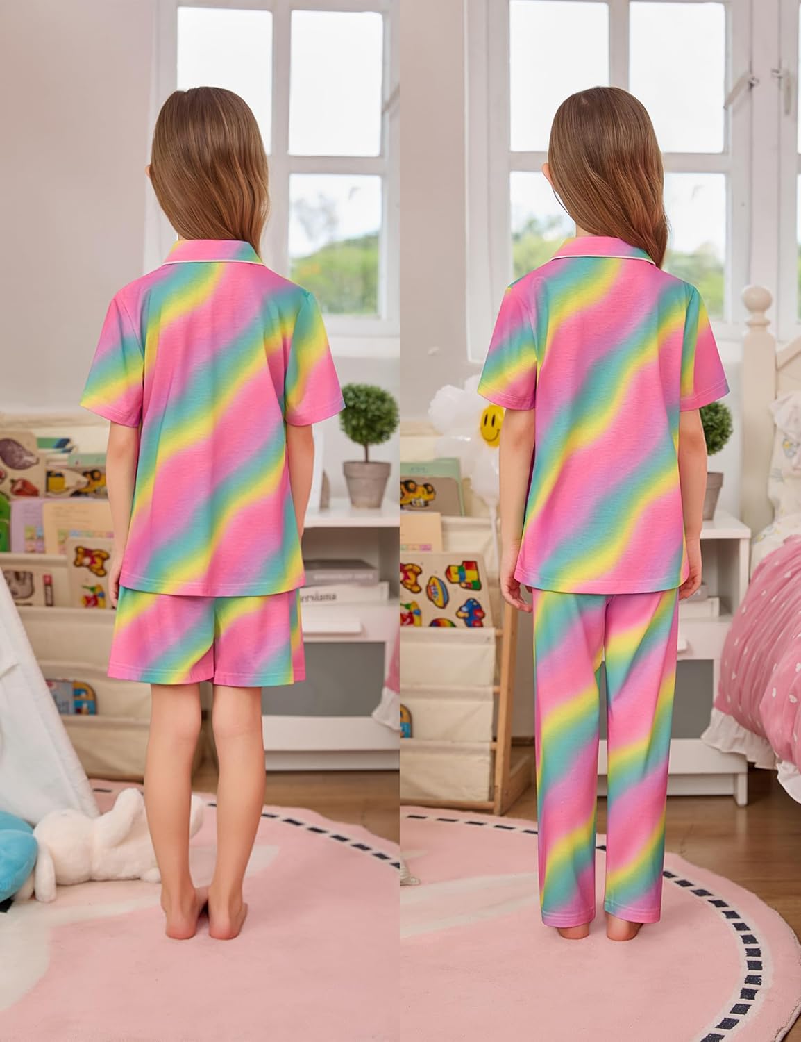 SWOMOG Kids Pajamas Sets 3PCS Short Sleeve Long Pants with Shorts Girls Boys Button Down PJS Cute Loungewear for 4T-15Years, - Image 3